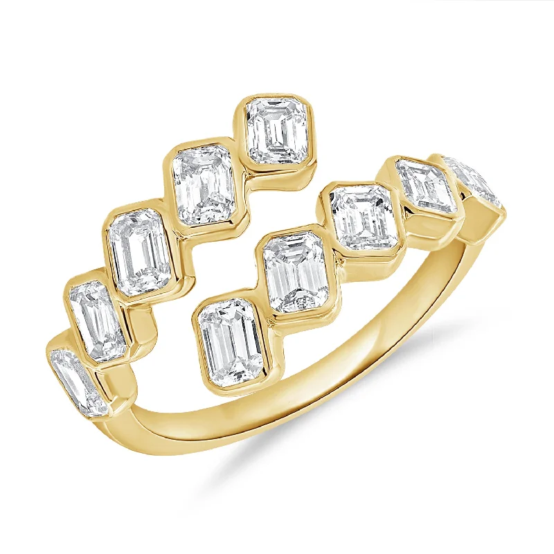 Custom Rings-Contemporary 14K Gold Emerald-Cut Diamond Wrap Ring with 1.58 Carats