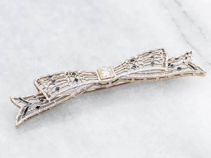 Diamond Brooch-European Cut Diamond and Black Enamel Bow Brooch