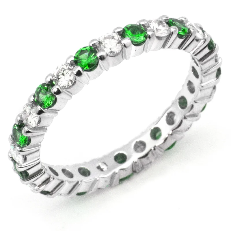 Narrow Band Rings-Diamond & Tsavorite Eternity Wedding Band Anniversary Ring 18K White Gold