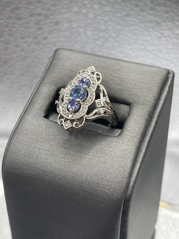 Moissanite Rings-Ladies 14 Karat White Gold Diamond and Sapphire Ring