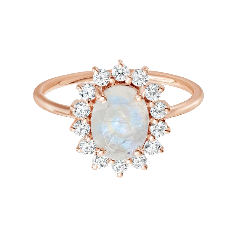 Antique Wedding Bands-Rose Gold Rainbow Moonstone & Diamond Clarissa Ring