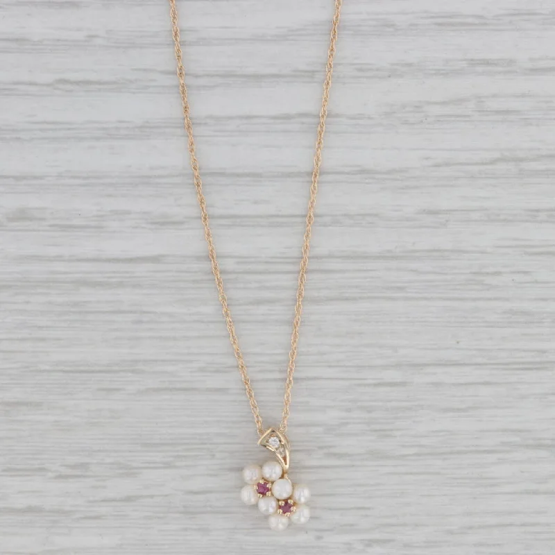 Bold Necklaces-Cultured Pearl Ruby Diamond Flower Pendant Necklace 14k Gold 18" Rope Chain