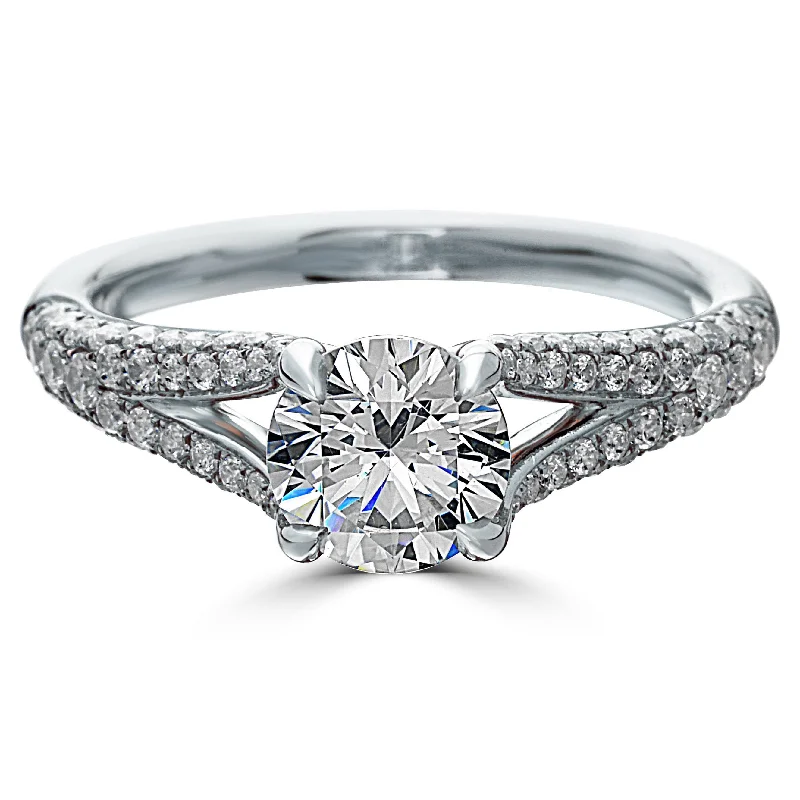 Platinum Rings-Point of Love Round Brilliant 1 Carat Diamond Split Shank Platinum Engagement Ring