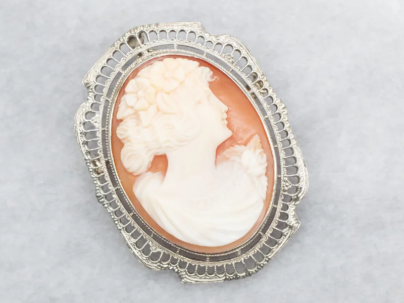 Elegant Diamond Brooch-White Gold Filigree Cameo Brooch or Pendant