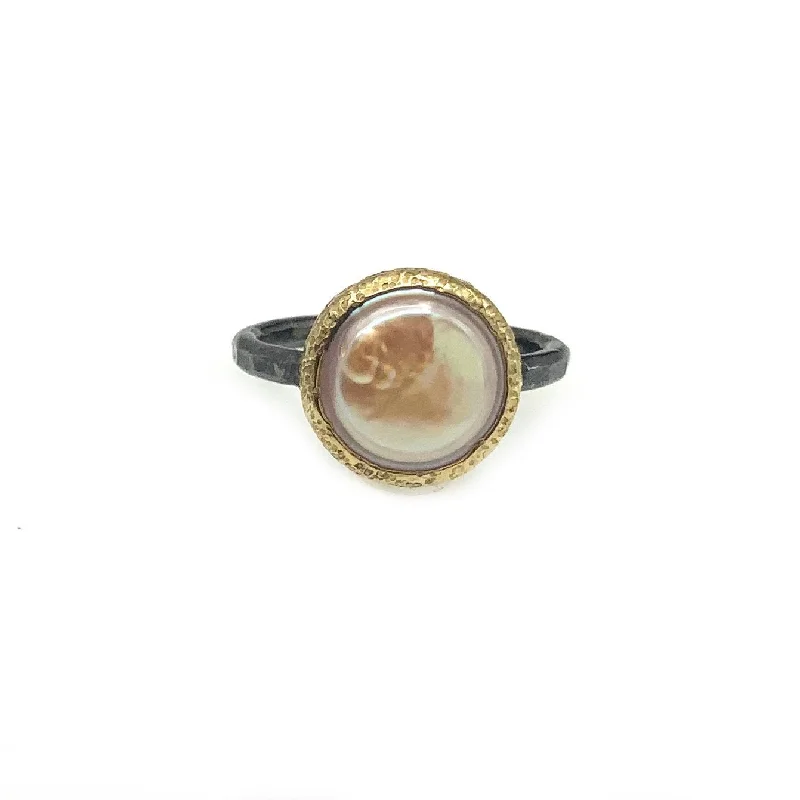 Floral Diamond Rings-Classic Pearl 14 Karat Bezel and Sterling Silver Oxidized Band Ring