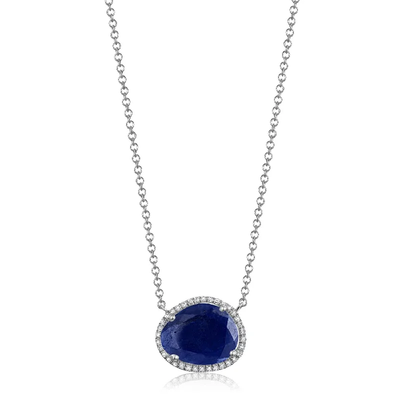 Designer Necklaces-14K White Gold Diamond + Free Form Blue Sapphire