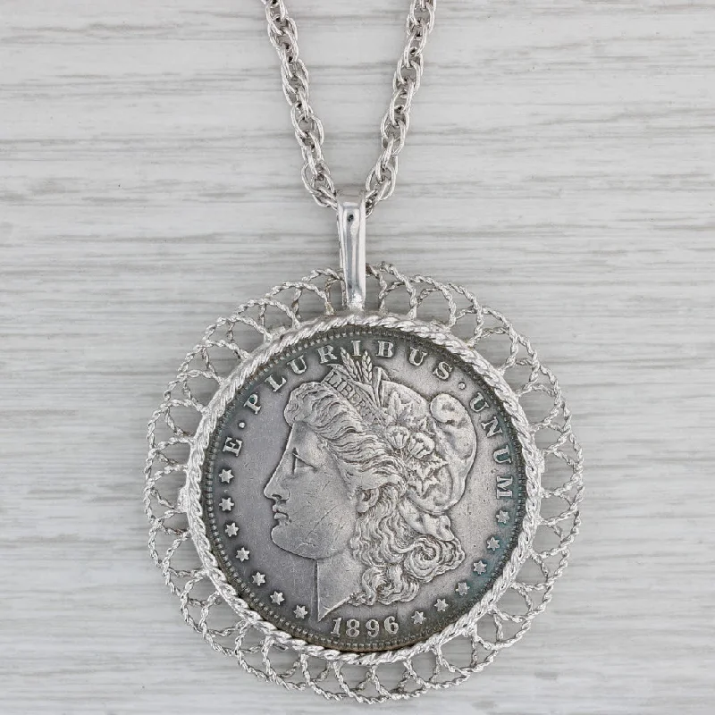 Statement Gemstone Necklaces-Large 1896 One Dollar Coin Pendant Rope Chain Necklace Sterling Silver 24"