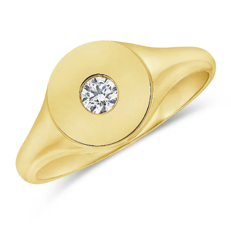 Gemstone Cocktail Rings-Classic Pinky Ring set with a Single White Brilliant Diamond in 14kt Gold