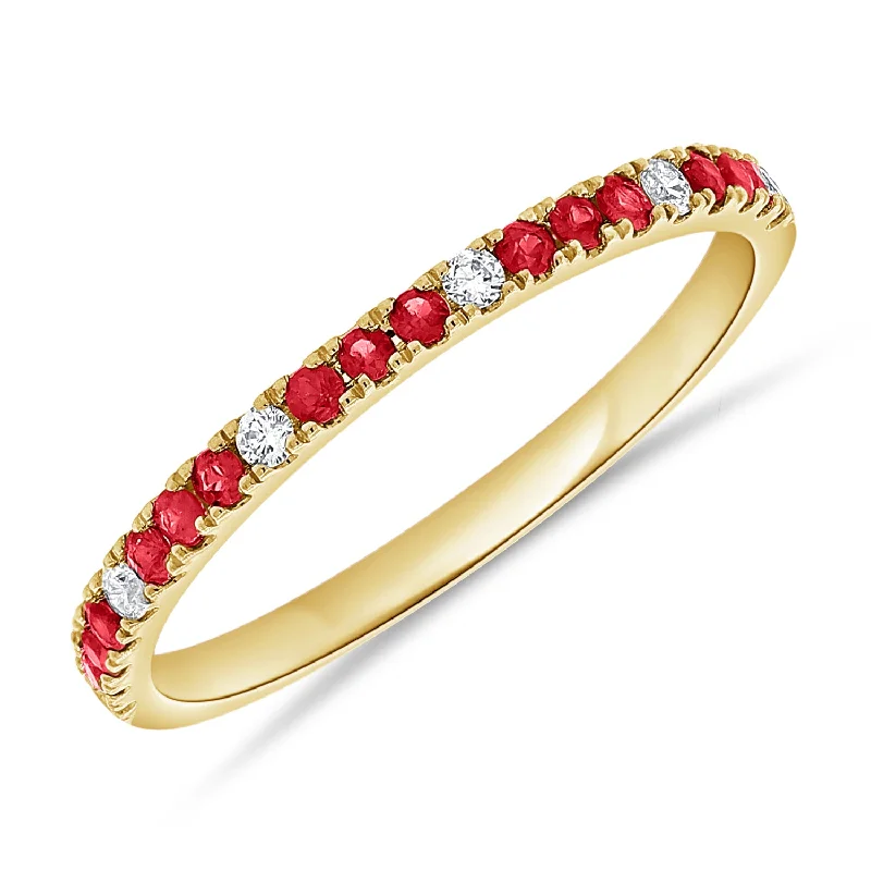 Thin Rings-Ruby & Diamonds Halfway Ring made in 14K Gold