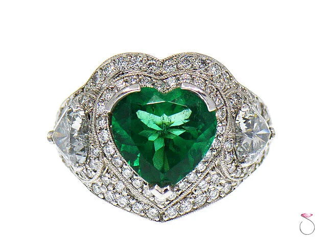 Luxury Sapphire Rings-5 Carat Fine Colombian Heart Shape Emerald & Diamond Pave' Platinum Ring, GIA