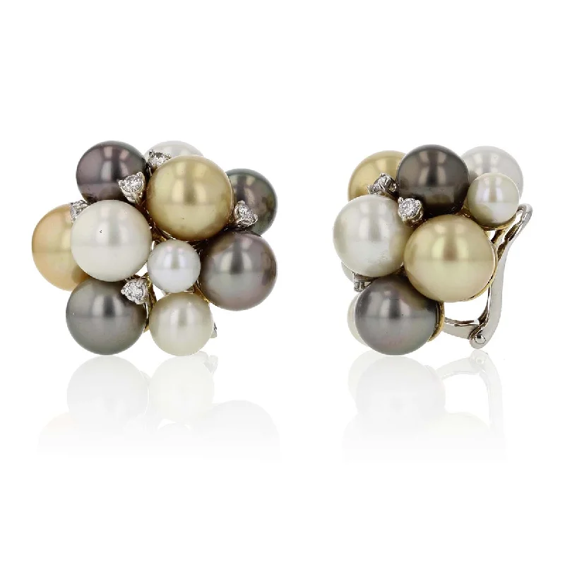 Oval Earrings-18KYW 4 GOLD PEARLS 8 GREY PEARLS 4 WHITE PEARLS 6 WHITE PEARLS AND 8 FC=0.40CT GH/VS EARRINGS