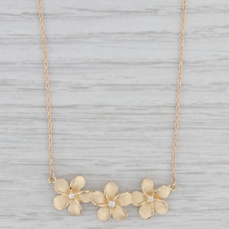 Gold Leaf Necklaces-Diamond Plumeria Flower Pendant Necklace 14k Yellow Gold Rope Chain 17.25"