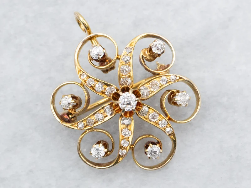 Unique Brooch-Yellow Gold Old Mine Cut Diamond Pinwheel Brooch or Pendant