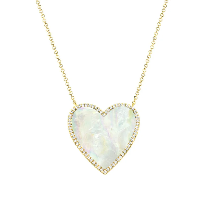 Pink Sapphire Necklaces-14K Yellow Gold Diamond + Mother Of Pearl Large Heart  Necklace