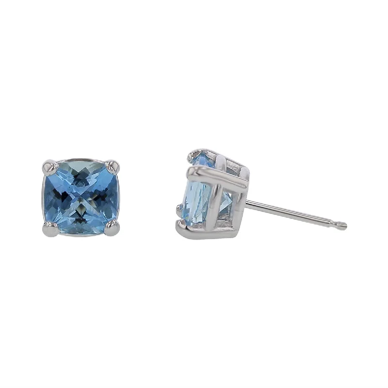 Pearl Earrings-2.06ct 6.5mm Cushion African Aquamarine (H) Stud Earrings in 18k White Gold