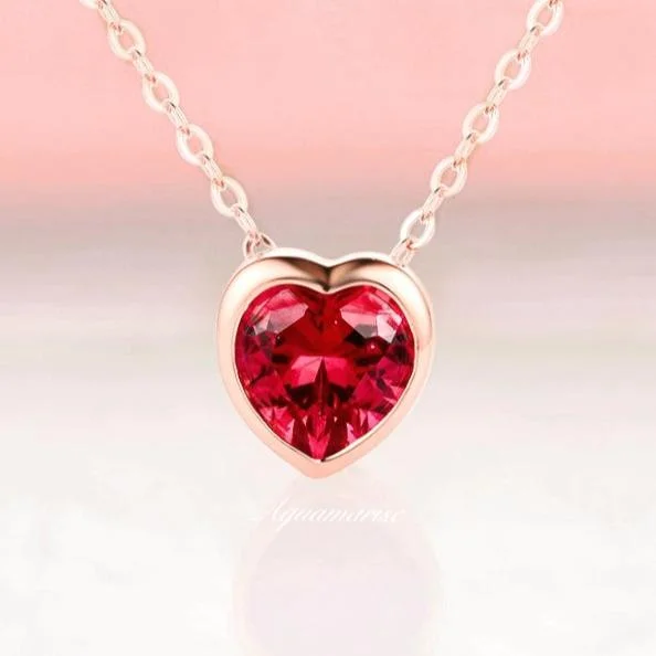 Trendy Necklaces-Heart Ruby Necklace- 14K Rose Gold Vermeil