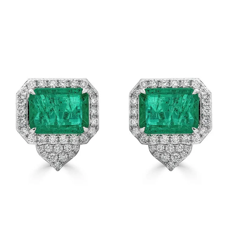 Shiny Earrings-18k White Gold Emerald & Diamond Earrings