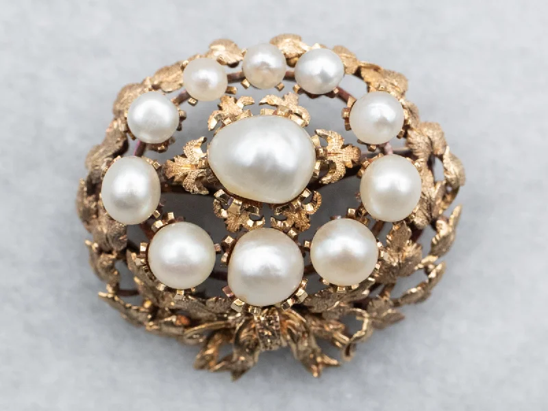 Boho Brooch-Yellow Gold Pearl Cluster Botanical Brooch