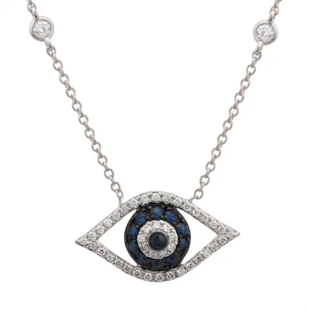 Rose Gold Necklaces-14K White Gold Diamond + Blue Sapphire Evil Eye Necklace