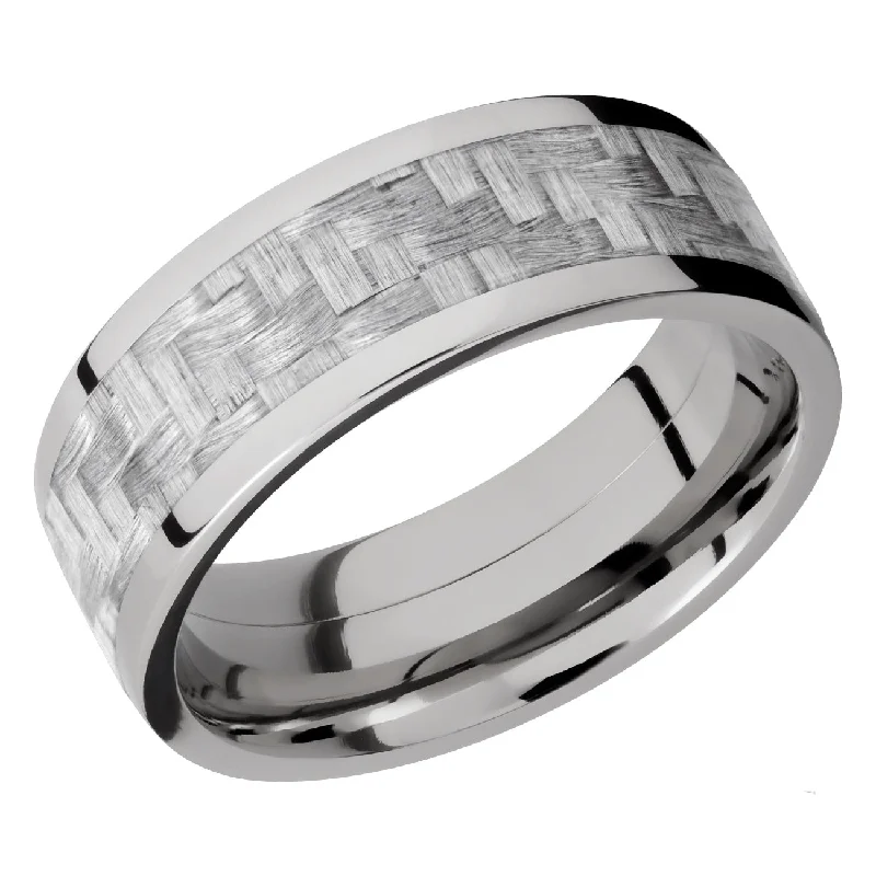 Sterling Silver Rings-Lashbrook 8MM Titanium Men Wedding Band with a Silver Carbon Fiber Inlay