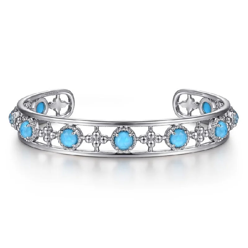 Silver Cuff Bangles for Women-Gabriel & Co. - BG4591-65SVJXT - 925 Sterling Silver Rock Crystal and Turquoise Station Bangle