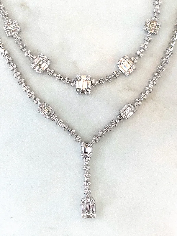 Personalized Necklaces-18K White Gold Round and Baguette Diamond Necklace