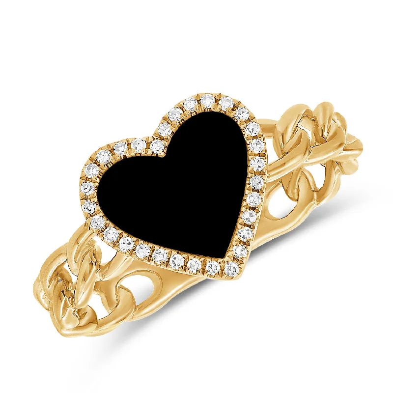 Men's Wedding Rings-Black Agate & Diamond Heart Chain Ring made in 14K Gold