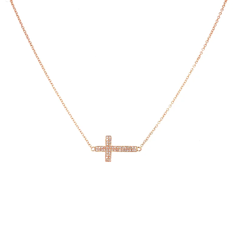 Designer Necklaces-14K Rose Gold Diamond Cross Horizontal Necklace