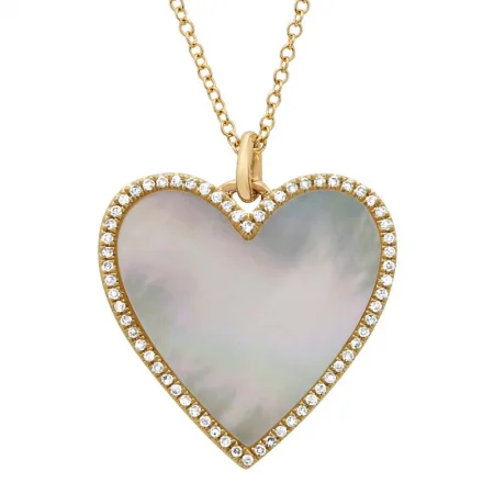 Crystal Necklaces-14K Yellow Gold Diamond + Mother of Pearl Large Heart Necklace