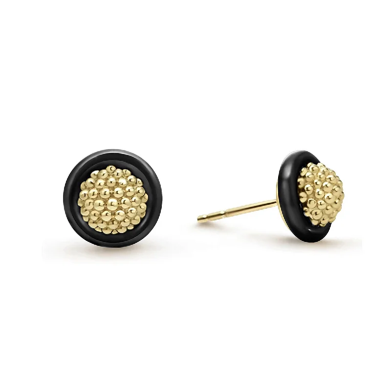 Wedding Earrings-18K Gold Caviar and Black Ceramic Stud Earrings