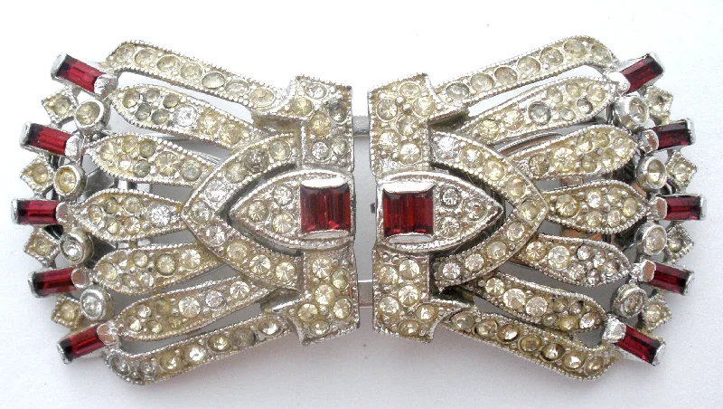 Shiny Gold Brooch-Coro Red Rhinestone Dress Clip Duette Brooch