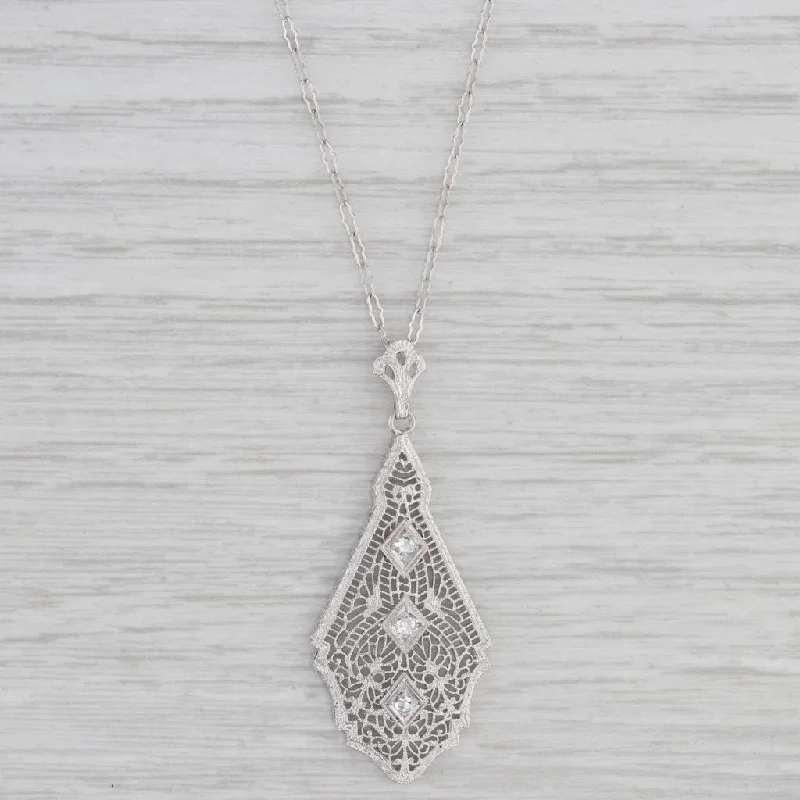 Personalized Gemstone Necklaces-Art Deco Diamond Filigree Pendant Necklace 10k White Gold 17" Crinkle Chain