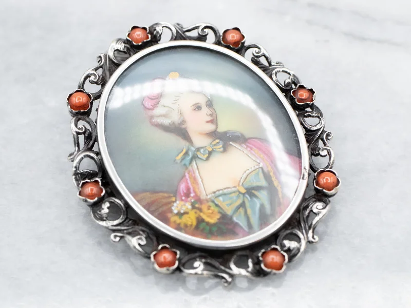 Crystal Brooch for Dresses-Vintage Coral Painted Portrait Brooch or Pendant