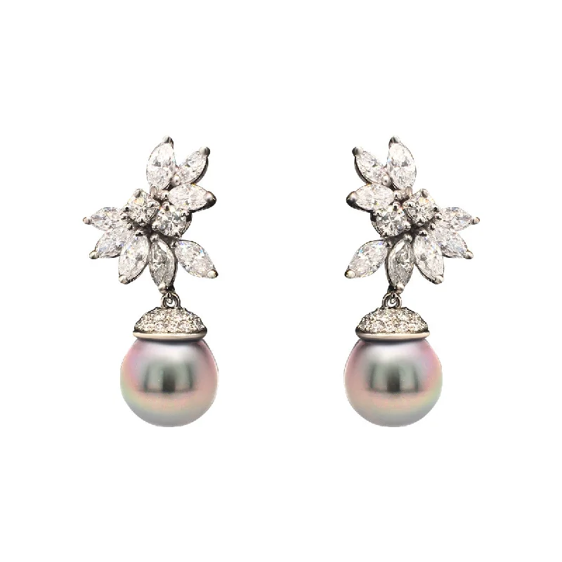 Elegant Drop Earrings-Platinum Tahitian Pearl and Diamond Drop Earrings