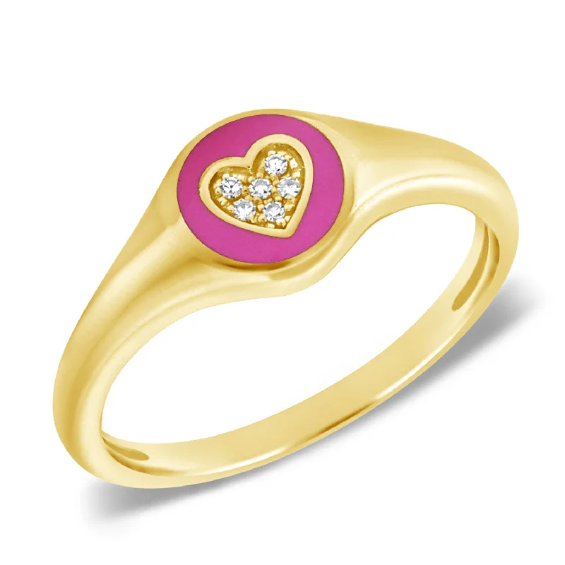 Stackable Rings-Heart Pinky Ring with Pink Enamel and Diamonds in 14K Gold