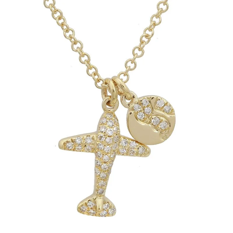 Pave Diamond Necklaces-14K Yellow Gold Airplane & Earth Diamond Necklace