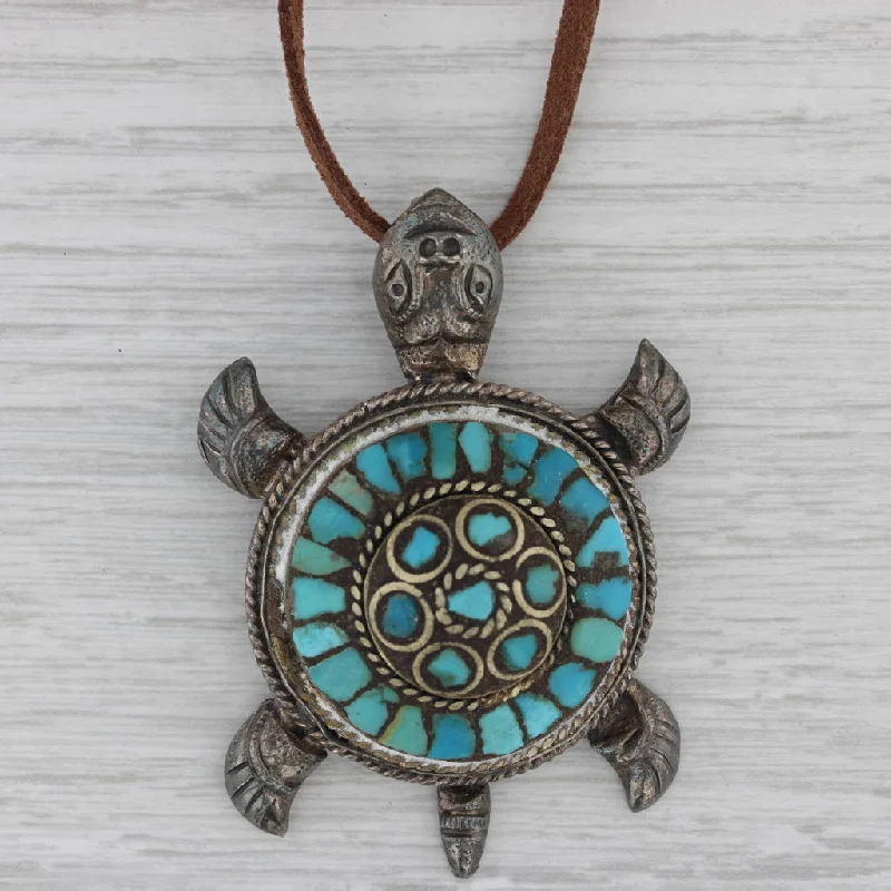 Gold Gemstone Necklaces-Vintage Turquoise Large Turtle Pendant Necklace Sterling Silver Leather Cord