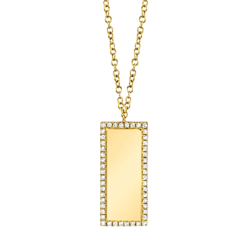 Fancy Necklaces-14K Yellow Gold Diamond Border Rectangle Bar ID Necklace