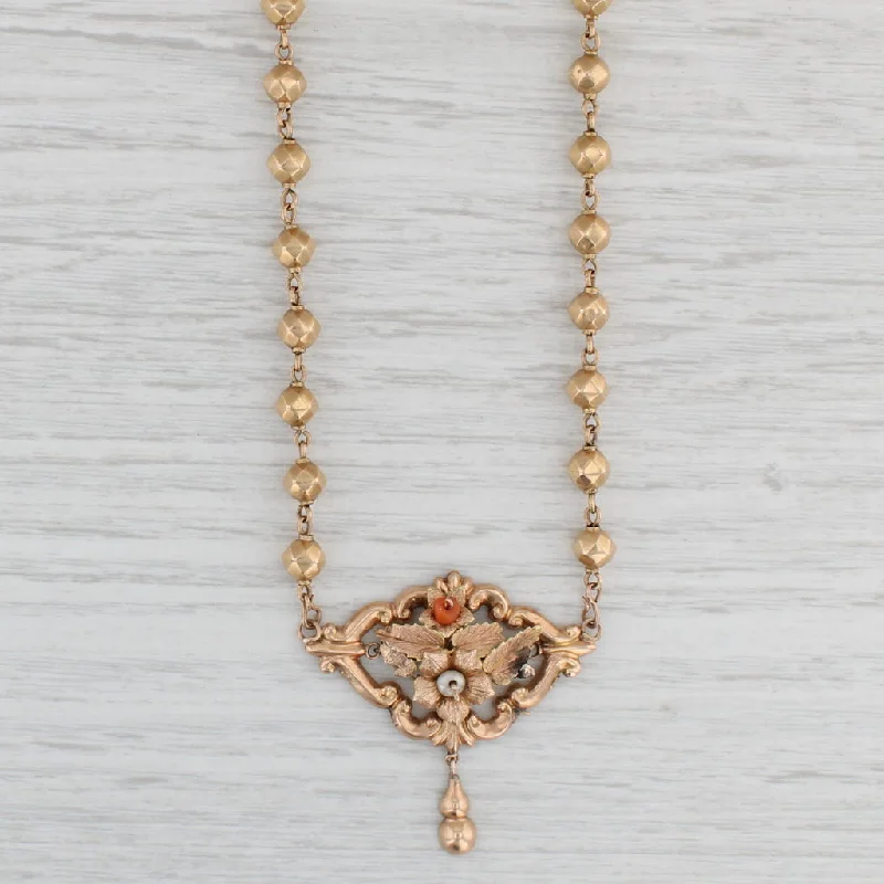 Long Gold Necklaces-Antique Lavalier Pendant Necklace Coral Pearl 14k Yellow Gold 20" Bead Chain