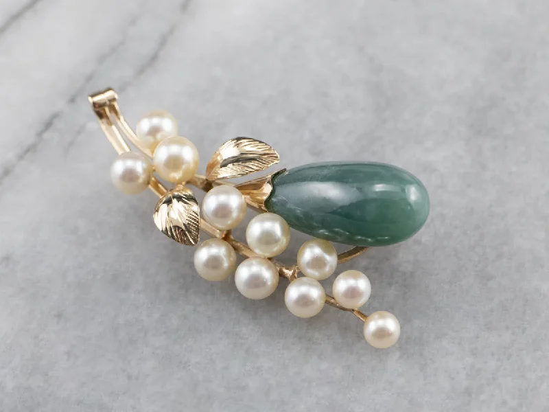 Simple Brooch for Dress-Botanical Jadeite Pearl Gold Brooch