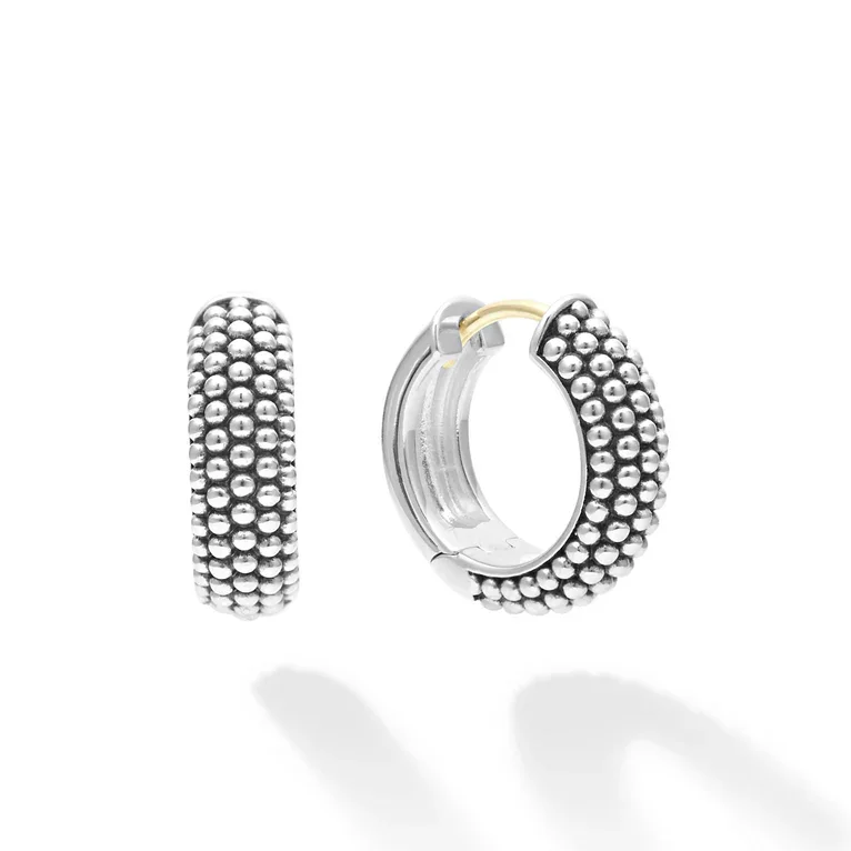 Gold Hoop Stud Earrings-Signature Caviar 15mm Beaded Huggie Hoop Earrings in Sterling Silver