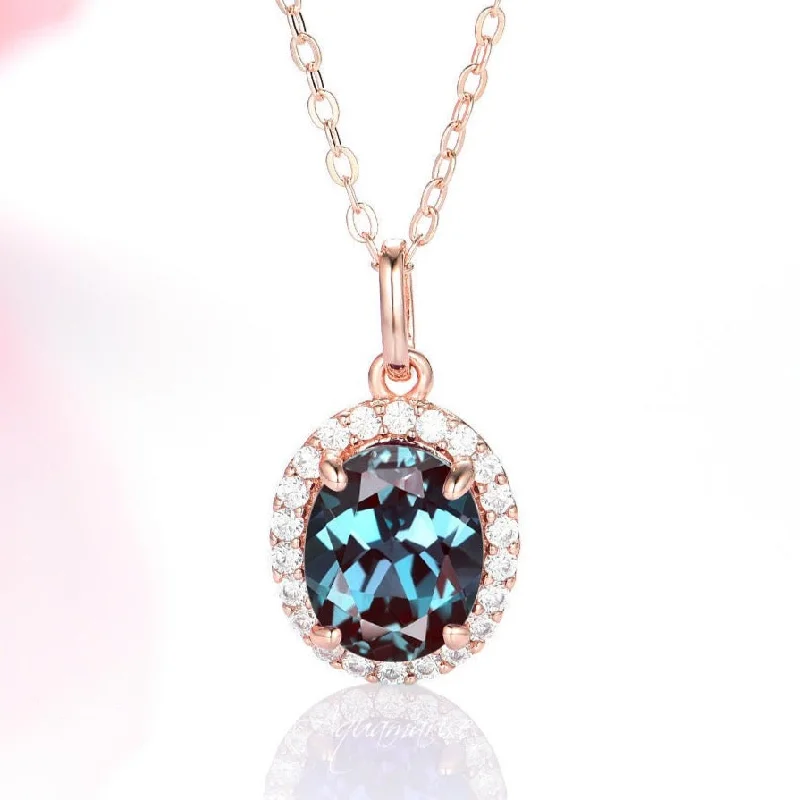 Rose Quartz Necklaces-Iris Halo Oval Alexandrite & Diamond Necklace- 14K Solid Rose Gold