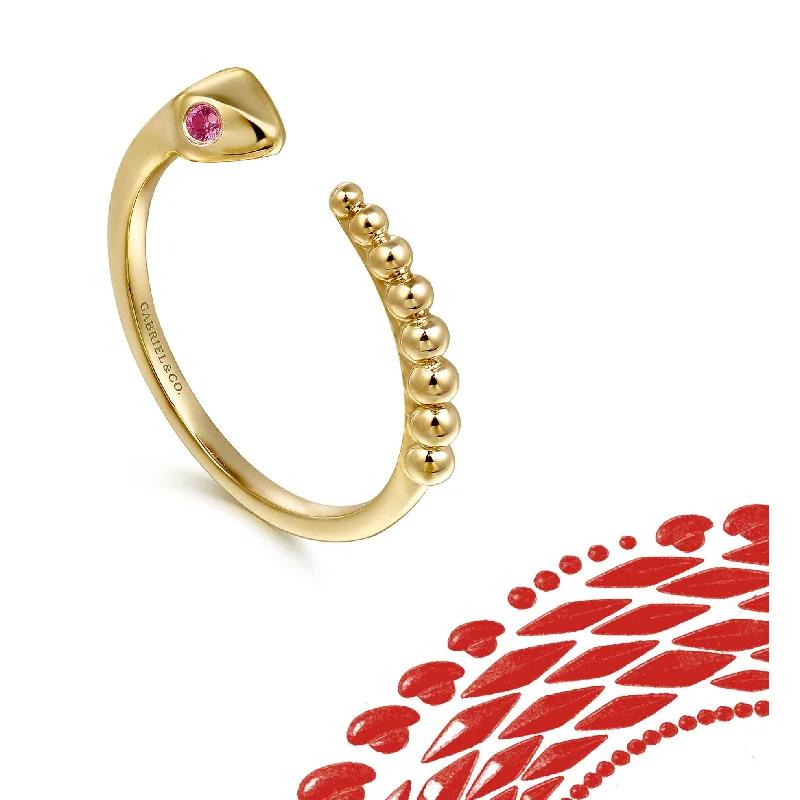 Oval Diamond Rings-Gabriel 14K Yellow Gold Snake Open Ring Ruby Eyes