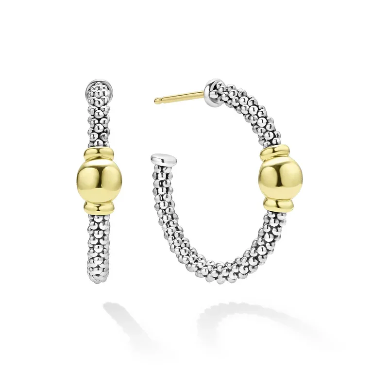 Unique Hoop Earrings-Caviar 25x5mm Circle Station Hoop Earrings in Sterling Silver and 18K Yellow Gold