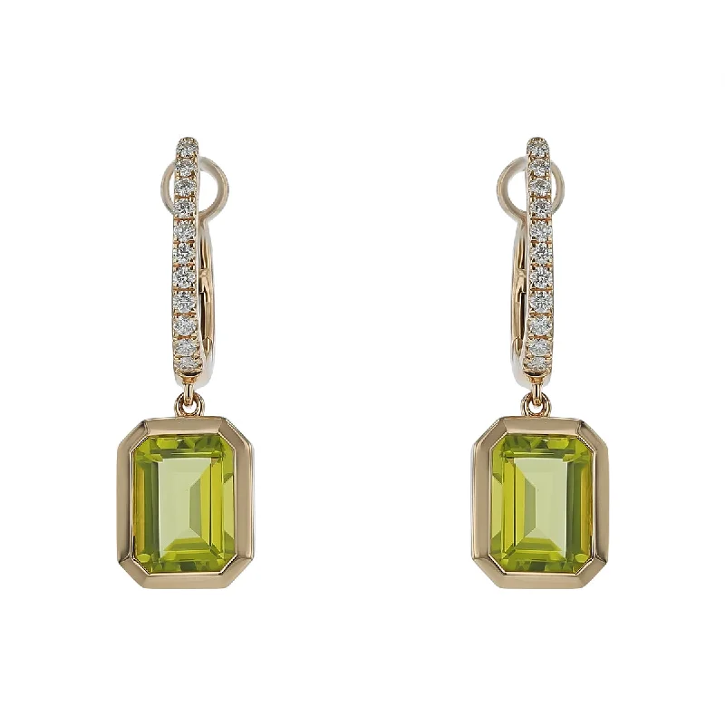 Ruby Earrings-Emerald Cut Peridot and Diamond Drop Earrings in 14K Yellow Gold