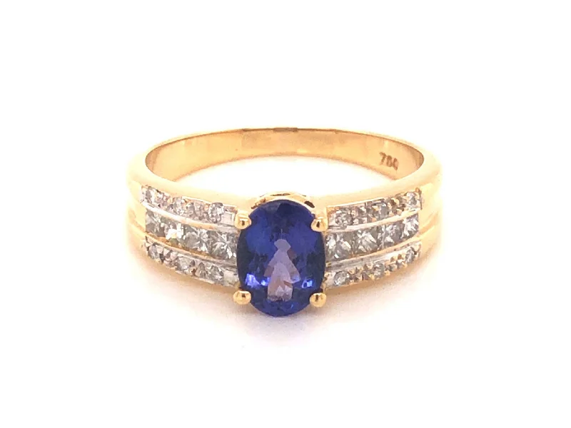 Engagement Ring with Halo-Blue Purple Tanzanite and Diamond Ring-18k Yellow Gold