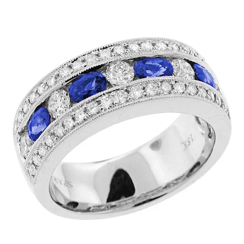 Vintage Engagement Rings-Sapphire & Pave Diamond Channel Set Wedding Band Stackable Ring 18K