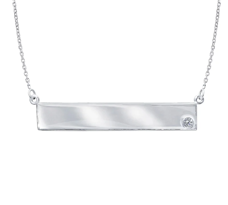 Custom Gold Necklaces-White 14K 0.02Ct R/D Diamond Engravable Bar Necklace