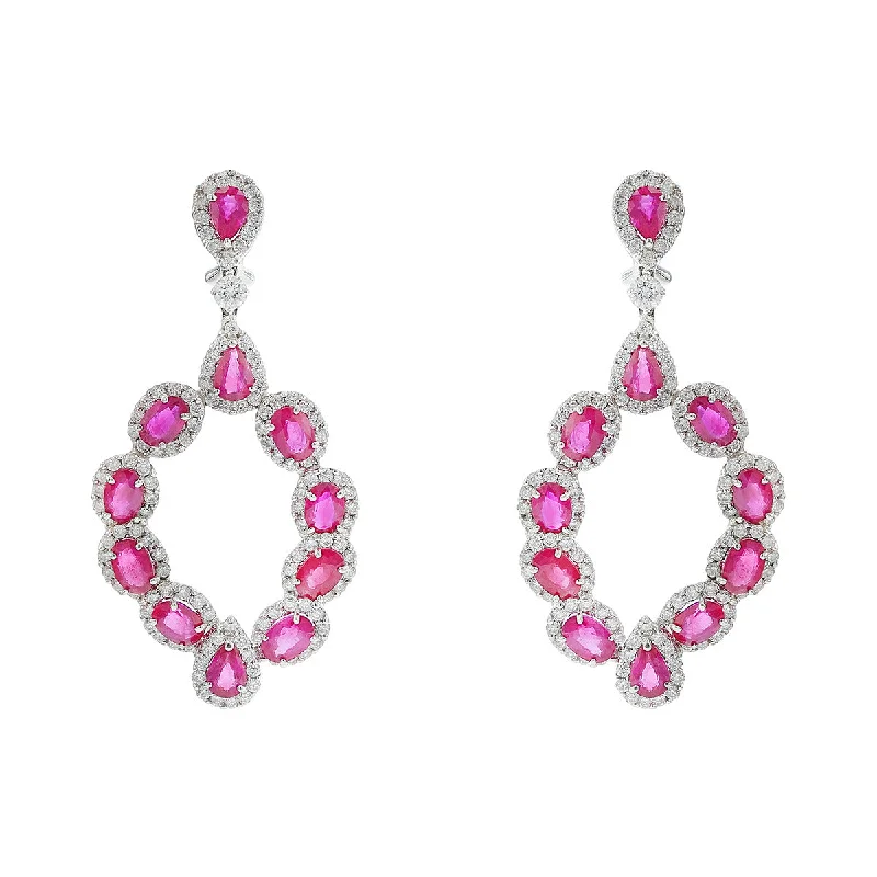 Beautiful Diamond Earrings-Ruby and Diamond Halo Open Drop Earrings