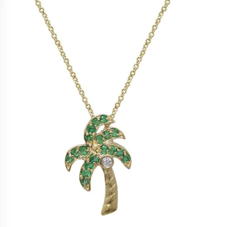 Artistic Silver Necklaces-14K Yellow Gold Diamond and Emerald Palm Tree Pendant